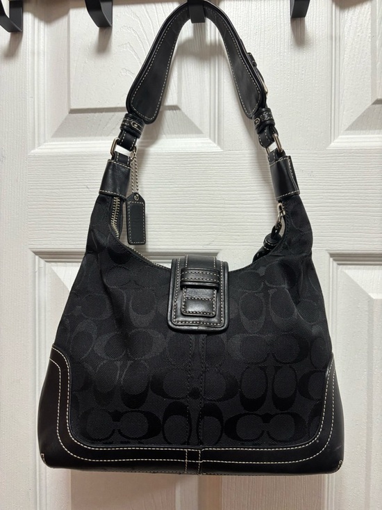 Coach VINTAGE E04J-6823 Signature SoHo Black Jacquard w Leather Trim Hobo in EUC